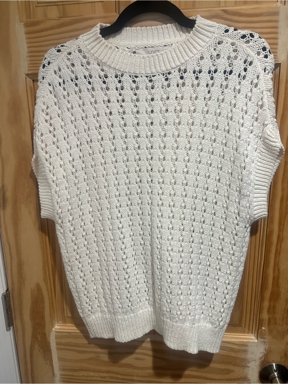 LOFT Cream Open-Knit Short Sleeve Crew Sweater